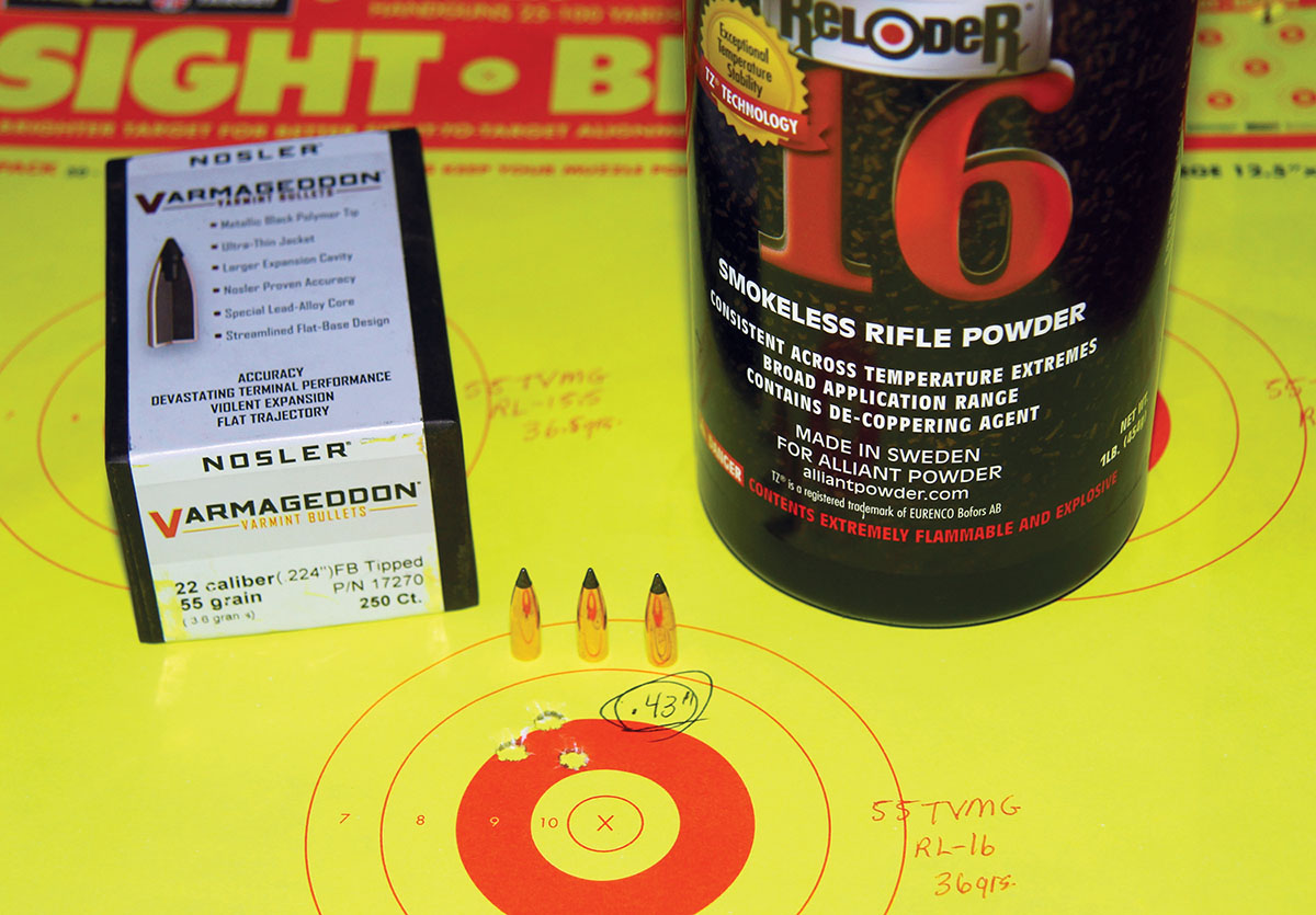 The best group shot with Nosler’s 55-grain Tipped Varmageddon – .43 inch – was propelled by 36 grains of Alliant Reloder 16. Unfortunately, velocity was a ho-hum 3,231 fps.